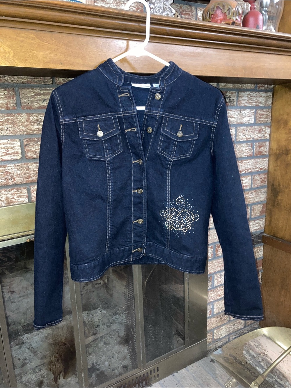 Chico's Dark Blue Denim Jacket with Embellishment